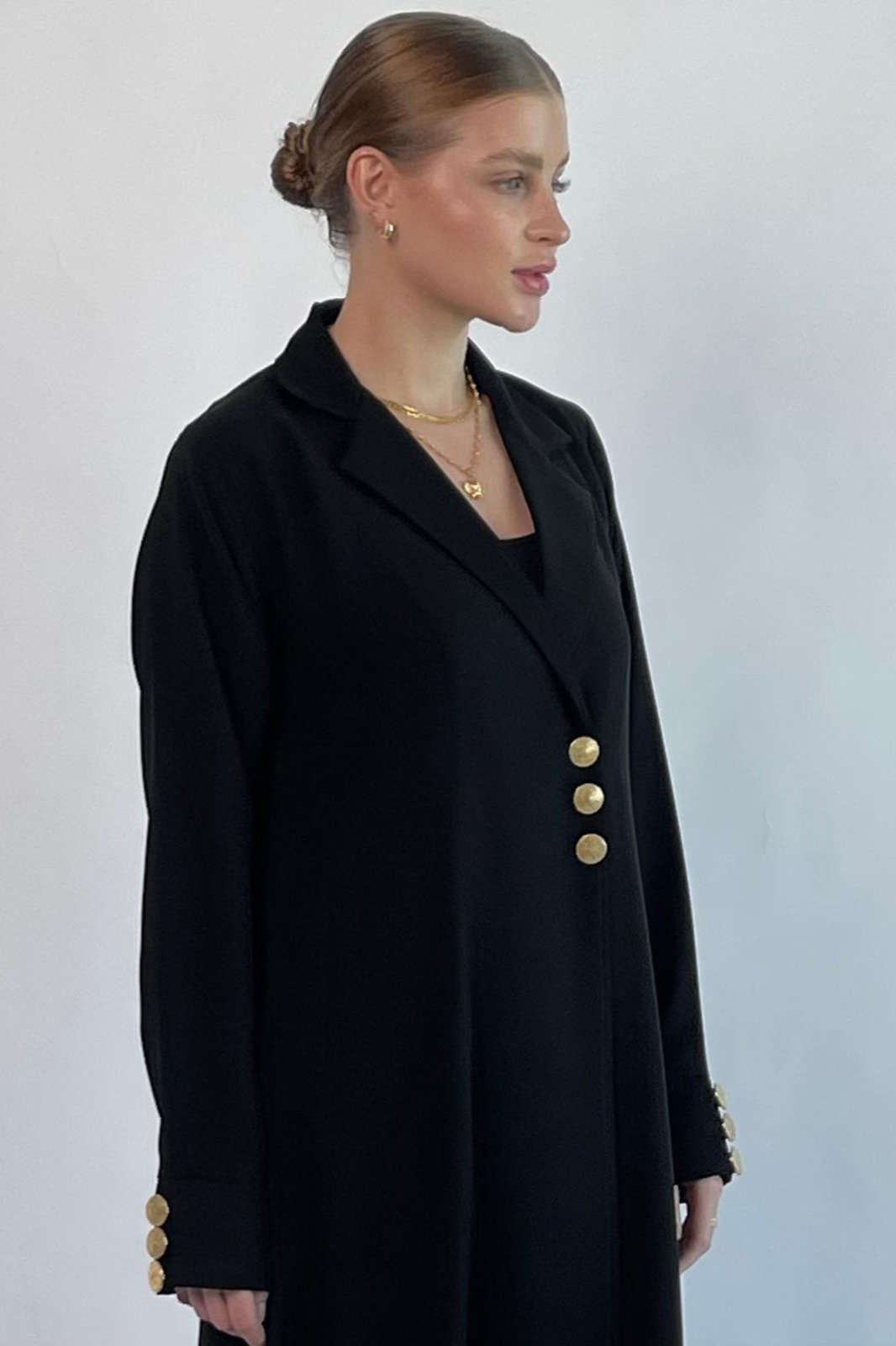 Black blazer abaya with gold buttons