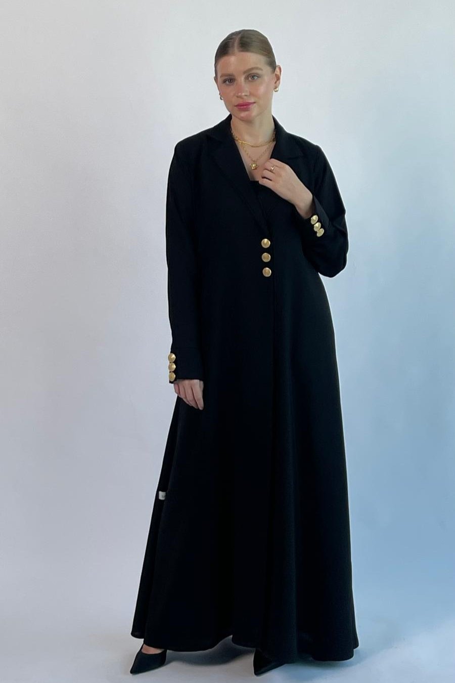 Black blazer abaya with gold buttons